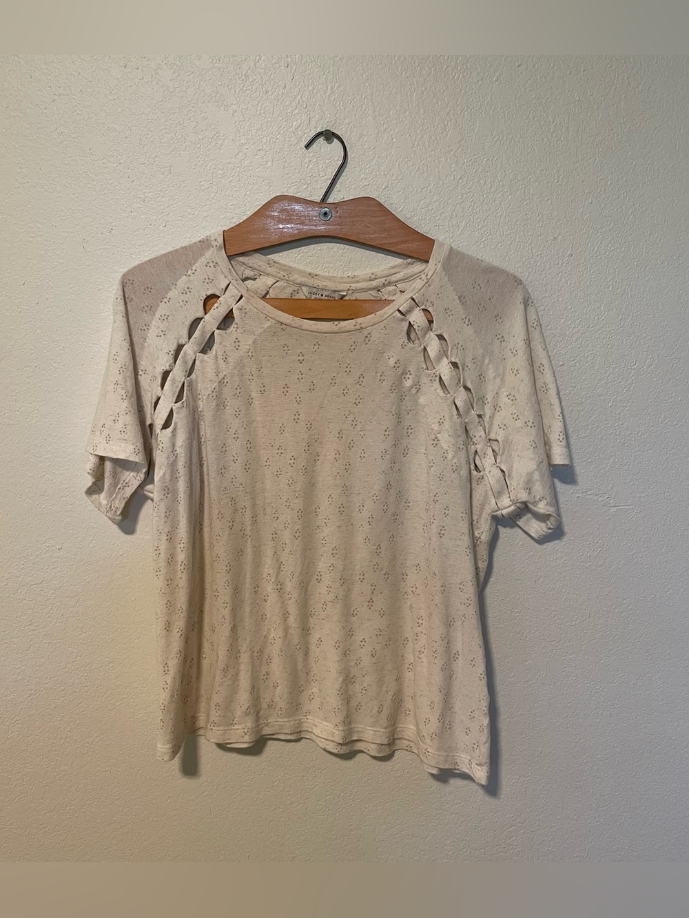 Lucky Brand Cream Short Sleeve Eyelet Top with Braided Shoulder Detail